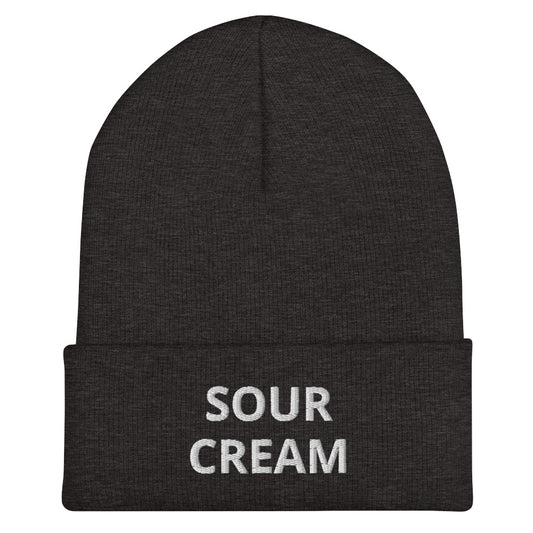 Gray Sour Cream Beanie from Nina's Funky Shop by ninanush - Do you love sour cream? Looking for a funny gift for a foodie friend? Our Sour Cream Beanie is warm, cozy and the perfect snug, form fitting beanie for sour cream enthusiasts of all kinds. This funny foodie beanie comes in a variety of colors, each expertly embroidered with the words "Sour Cream". Designed by Nina