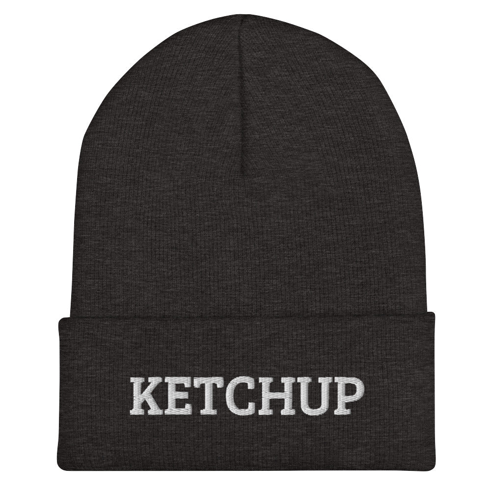 Gray Ketchup Beanie from Nina's Funky Shop by ninanush - Do you love ketchup? Looking for a funny gift for a ketchup addict? Our Ketchup Beanie is warm, cozy and the perfect weird hat for ketchup enthusiasts of all kinds. This funny foodie beanie is snug, formfitting, and comes in a variety of bright colors, each expertly embroidered with the words "Ketchup".