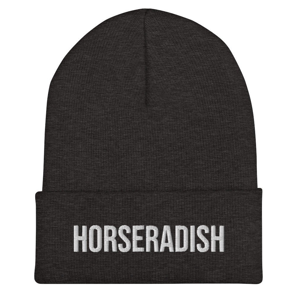 Dark gray horseradish beanie from Nina's Funky Shop by ninanush - Do you love horseradish? Looking for a funny gift for a horseradish lover? Our Horseradish Beanie is warm, cozy and the perfect weird hat for horseradish enthusiasts of all kinds. This funny foodie beanie is snug, formfitting, and comes in a variety of colors, each expertly embroidered with the words "horseradish".