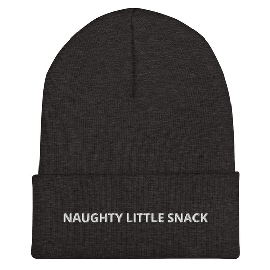 Dark Gray Naughty Little Snack Beanie from Nina's Funky Shop by ninanush - Love naughty little snacks? Looking for a funny gift? Our Naughty Little Snack Beanie is warm, cozy and just what you need. It comes in a variety of colors, each expertly embroidered with the words "Naughty Little Snack". A funny foodie hat, designed by Nina and made just for you! Celebrate your favorite foods in our funky foodie apparel. 