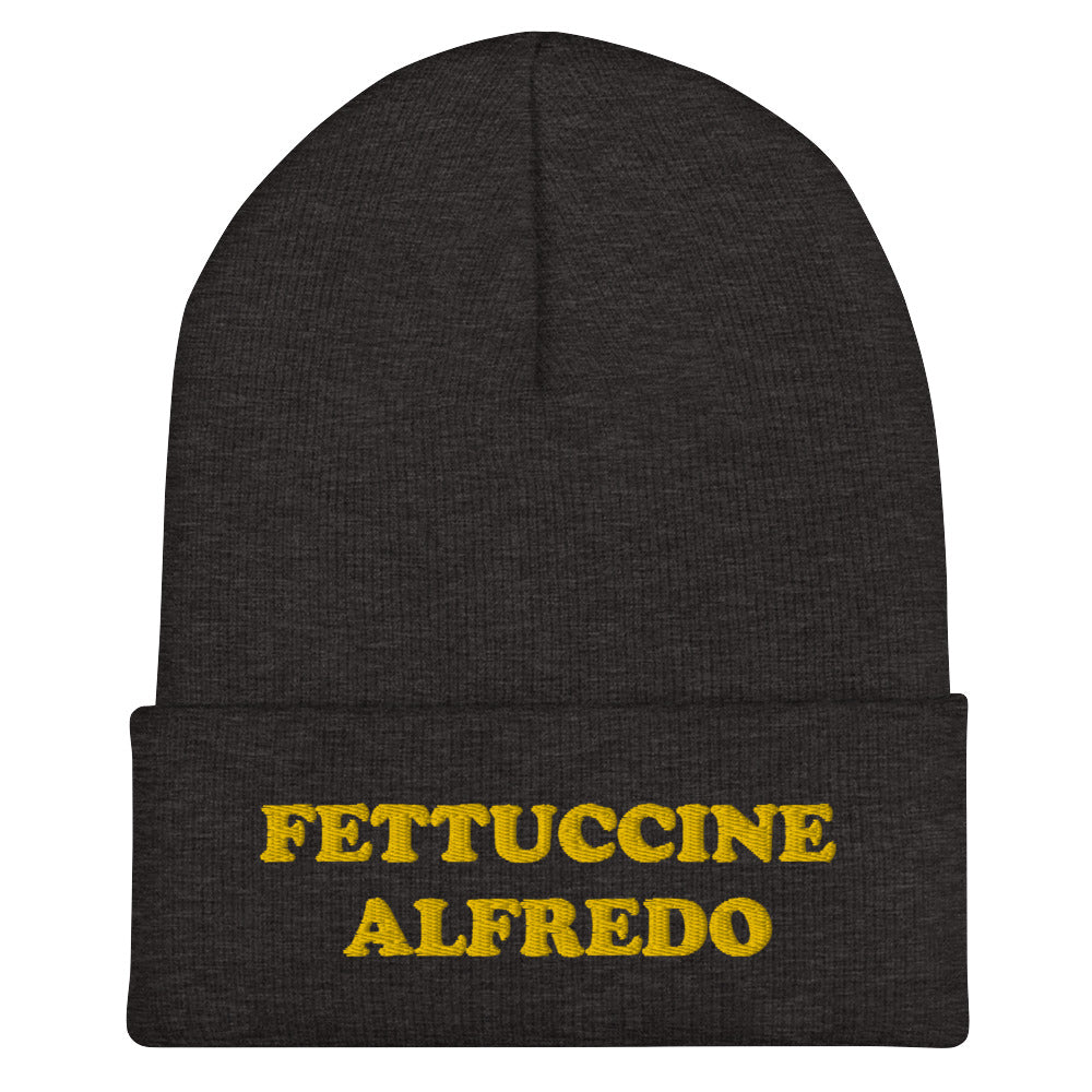 Dark Gray Hat with Fettuccine Alfredo Embroidered in Yellow - Do you love Fettuccine Alfredo? Are you looking for a funny gift for a foodie friend? Our Fettuccine Alfredo Beanie is the perfect funky hat for fettuccine enthusiasts. Celebrate patsa in this funny beanie for foodies. It comes in a variety of colors, each hat with Fettuccine Alfredo embroidered in yellow.