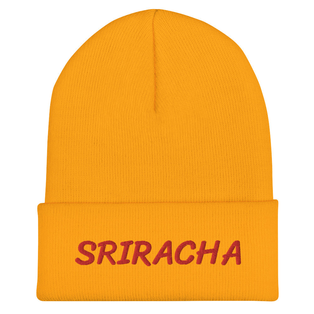 Yellow sriracha beanie from Nina's Funky Shop by ninanush - Our Sriracha Beanie is warm, cozy and the perfect hat for hot sauce enthusiasts of all kinds. Show off in this funny foodie beanie. It comes in a variety of bold colors, each expertly embroidered with the word "Sriracha". It's a stylish statement hat for sriracha lovers, designed by Nina and made just for you!