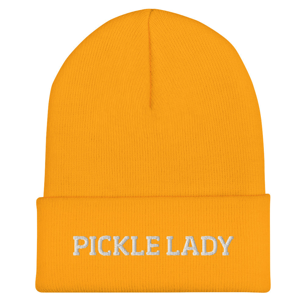 Yellow pickle lady beanie from Nina's Funky Shop by ninanush - This pickle lady hat is warm, cozy and the perfect pickle enthusiast hat for pickle lovers of all kinds. Show off in this funny foodie beanie. It comes in a variety of bold colors, each expertly embroidered with the words "Pickle Lady". It's a statement hat for pickle lovers, designed by Nina and made just for you!