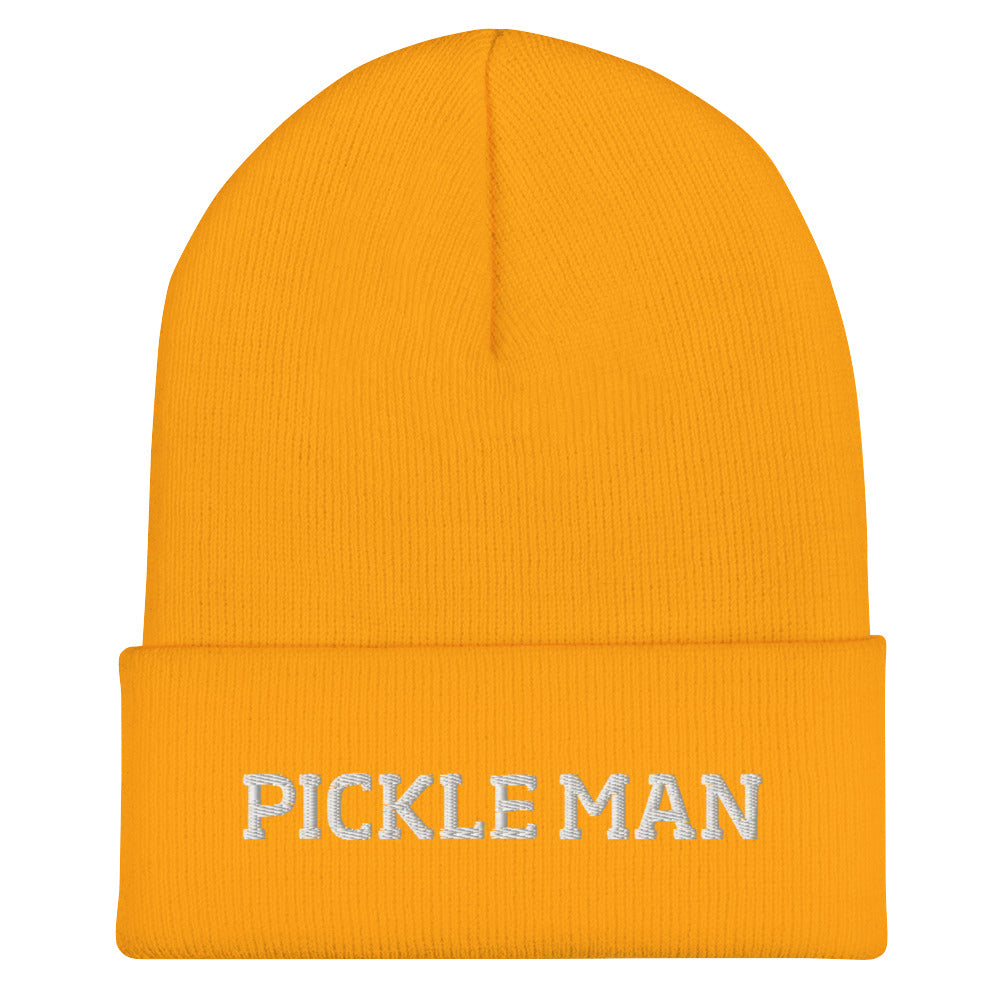 Yellow pickle man beanie from Nina's Funky Shop by ninanush - This pickle man hat is warm, cozy and the perfect pickle enthusiast hat for pickle lovers of all kinds. Show off in this funny foodie beanie. It comes in a variety of bold colors, each expertly embroidered with the words "Pickle Man". It's a statement hat for pickle lovers, designed by Nina and made just for you!