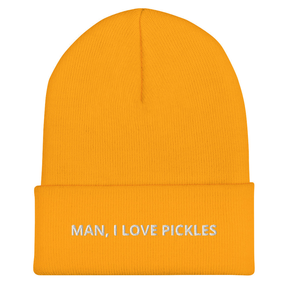 Yellow Man, I Love Pickles Hat from Nina's Funky Shop by ninanush - It's a funny pickle beanie for pickle enthusiasts of all kinds. When you're wearing this hat, everyone will know just how you feel about pickles. It comes in a variety of bold colors, each expertly embroidered with the words "Man, I Love Pickles". A statement hat for pickle lovers, designed by Nina and made just for you!