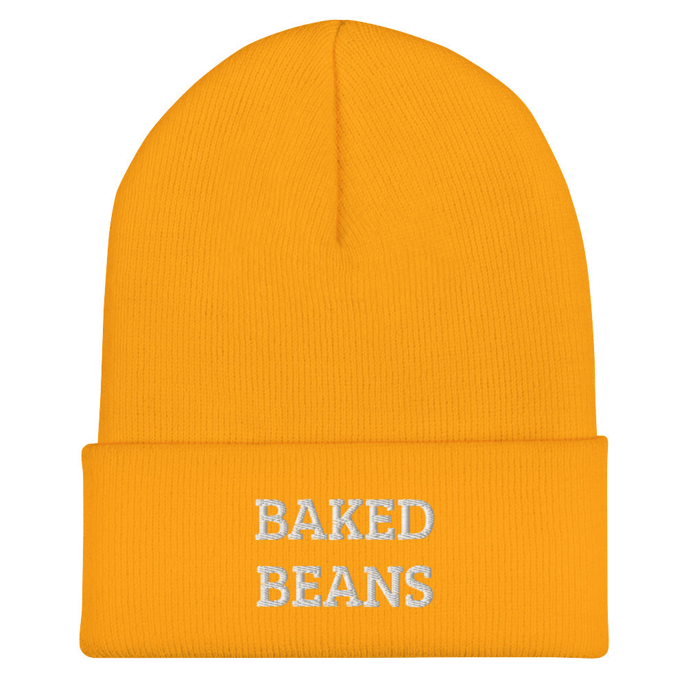 Yellow baked beans beanie from Nina's Funky Shop by ninanush - Do you love baked beans? Looking for a unique funny gift? Our Baked Beans Beanie is the perfect funky hat for baked bean enthusiasts of all kinds. This funny foodie beanie comes in a variety of colors, each expertly embroidered with the words "Baked beans". A unique accessory for bean lovers, designed by Nina.