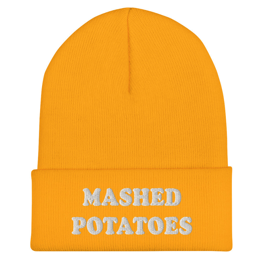 Yellow  Mashed Potato Beanie from Nina's Funky Shop by ninanush - Do you love mashed potatoes? Are you looking for a funny gift for a foodie friend? Our Mashed Potatoes Beanie is warm, cozy and the perfect funky hat for potato enthusiasts of all kinds. Show off in this funny foodie beanie. It comes in a variety of colors, each expertly embroidered with the words "Mashed Potatoes".