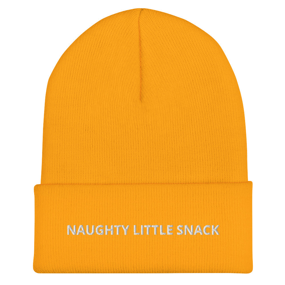 Yellow Naughty Little Snack Beanie from Nina's Funky Shop by ninanush - Love naughty little snacks? Looking for a funny gift? Our Naughty Little Snack Beanie is warm, cozy and just what you need. It comes in a variety of colors, each expertly embroidered with the words "Naughty Little Snack". A funny foodie hat, designed by Nina and made just for you! Celebrate your favorite foods in our funky foodie apparel.