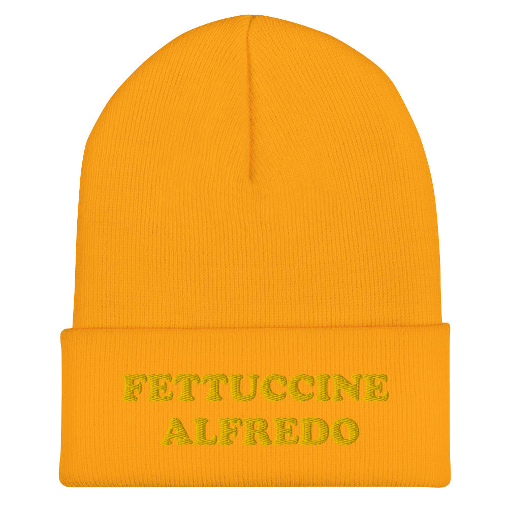 Yellow Beanie Hat with Fettuccine Alfredo Embroidered in Yellow - Do you love Fettuccine Alfredo? Are you looking for a funny gift for a foodie friend? Our Fettuccine Alfredo Beanie is the perfect funky hat for fettuccine enthusiasts. Celebrate patsa in this funny beanie for foodies. It comes in a variety of colors, each hat with Fettuccine Alfredo embroidered in yellow.