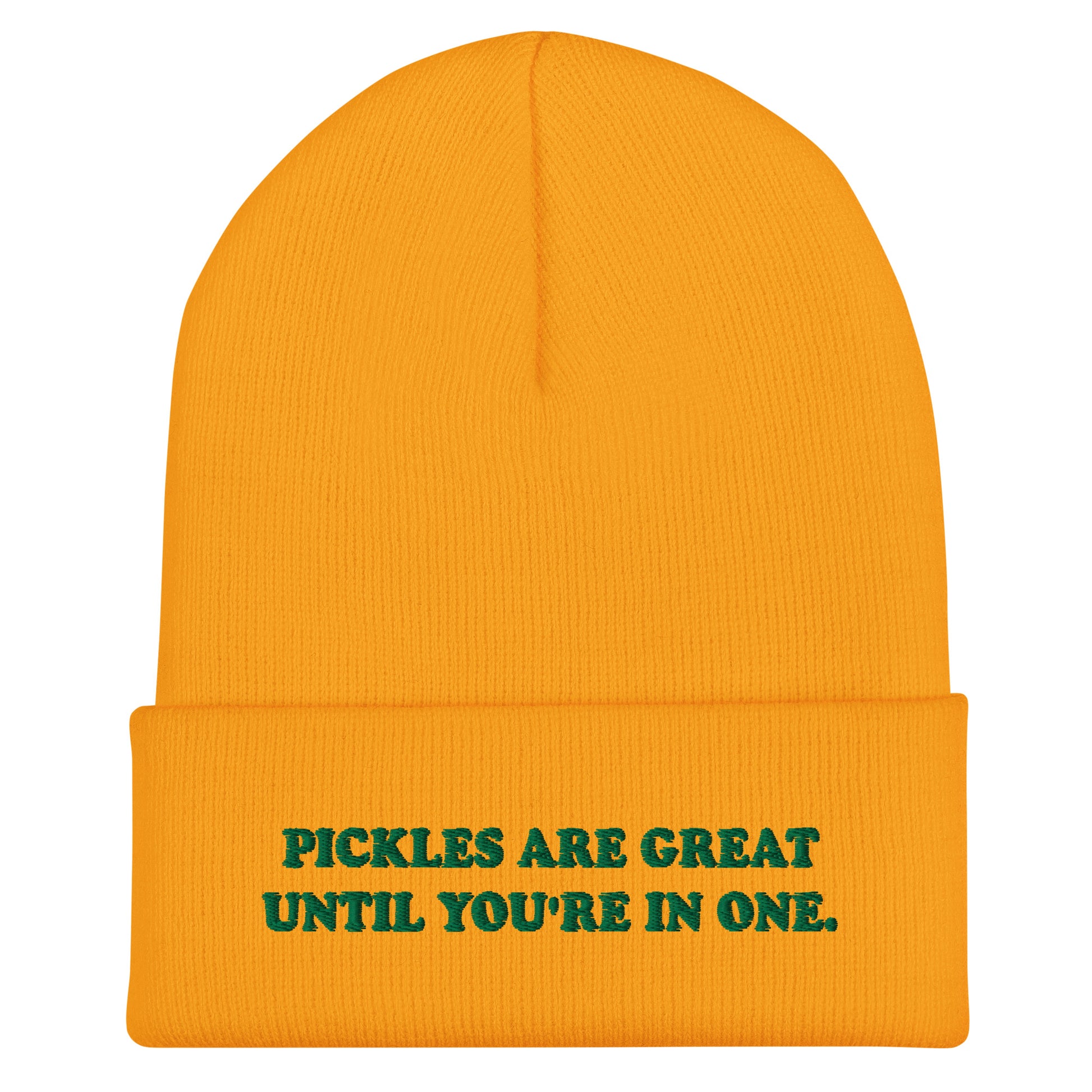 Yellow Beanie for Pickle Lovers - Love pickles? This pickle saying beanie is just what you need. It's a cozy cuffed beanie with a carefully embroidered design. A funny beanie for everyday streetwear or a gift for pickle enthusiasts and beyond.