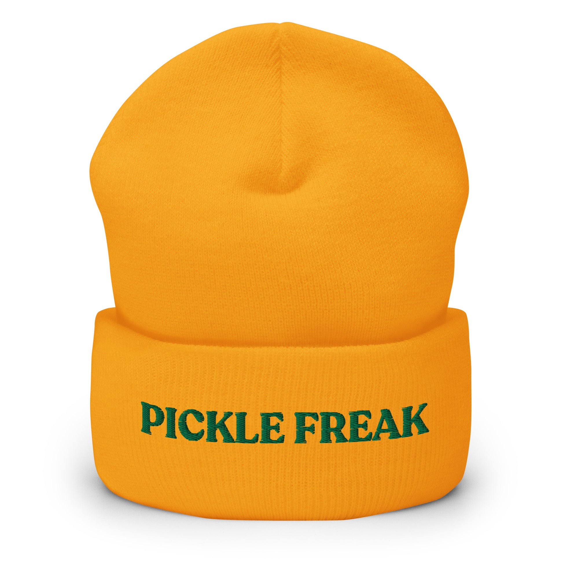 Yellow Our Pickle Freak Beanie is warm, cozy and embroidered just for you! It's a funny beanie for pickle enthusiasts that comes in a variety of colors. A perfect warm hat for pickle lovers or a funny gift for a foodie.