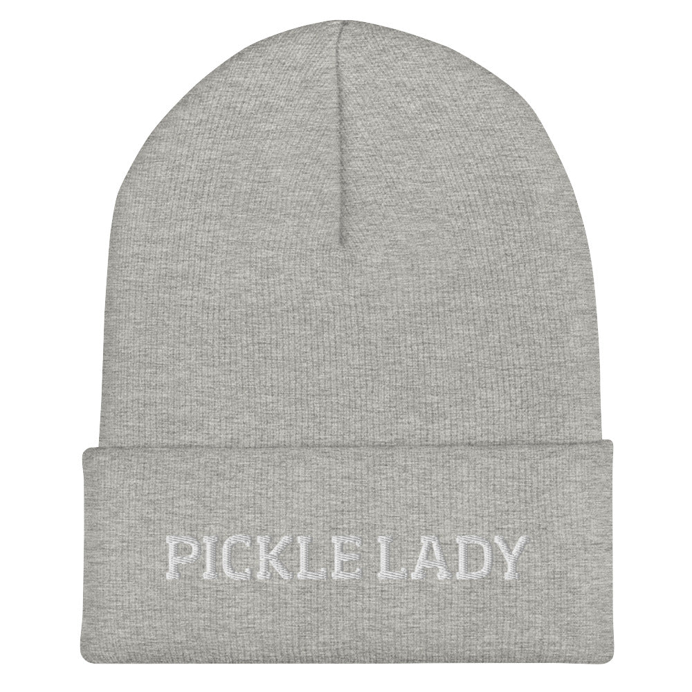 Light gray pickle lady beanie from Nina's Funky Shop by ninanush - This pickle lady hat is warm, cozy and the perfect pickle enthusiast hat for pickle lovers of all kinds. Show off in this funny foodie beanie. It comes in a variety of bold colors, each expertly embroidered with the words "Pickle Lady". It's a statement hat for pickle lovers, designed by Nina and made just for you!