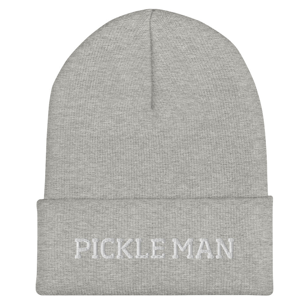 Light gray pickle man beanie from Nina's Funky Shop by ninanush - This pickle man hat is warm, cozy and the perfect pickle enthusiast hat for pickle lovers of all kinds. Show off in this funny foodie beanie. It comes in a variety of bold colors, each expertly embroidered with the words "Pickle Man". It's a statement hat for pickle lovers, designed by Nina and made just for you!