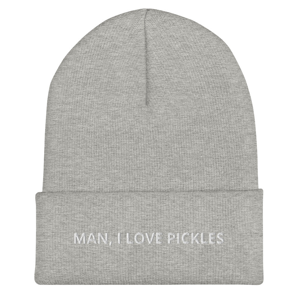 Light gray Man, I Love Pickles Hat from Nina's Funky Shop by ninanush - It's a funny pickle beanie for pickle enthusiasts of all kinds. When you're wearing this hat, everyone will know just how you feel about pickles. It comes in a variety of bold colors, each expertly embroidered with the words "Man, I Love Pickles". A statement hat for pickle lovers, designed by Nina and made just for you!