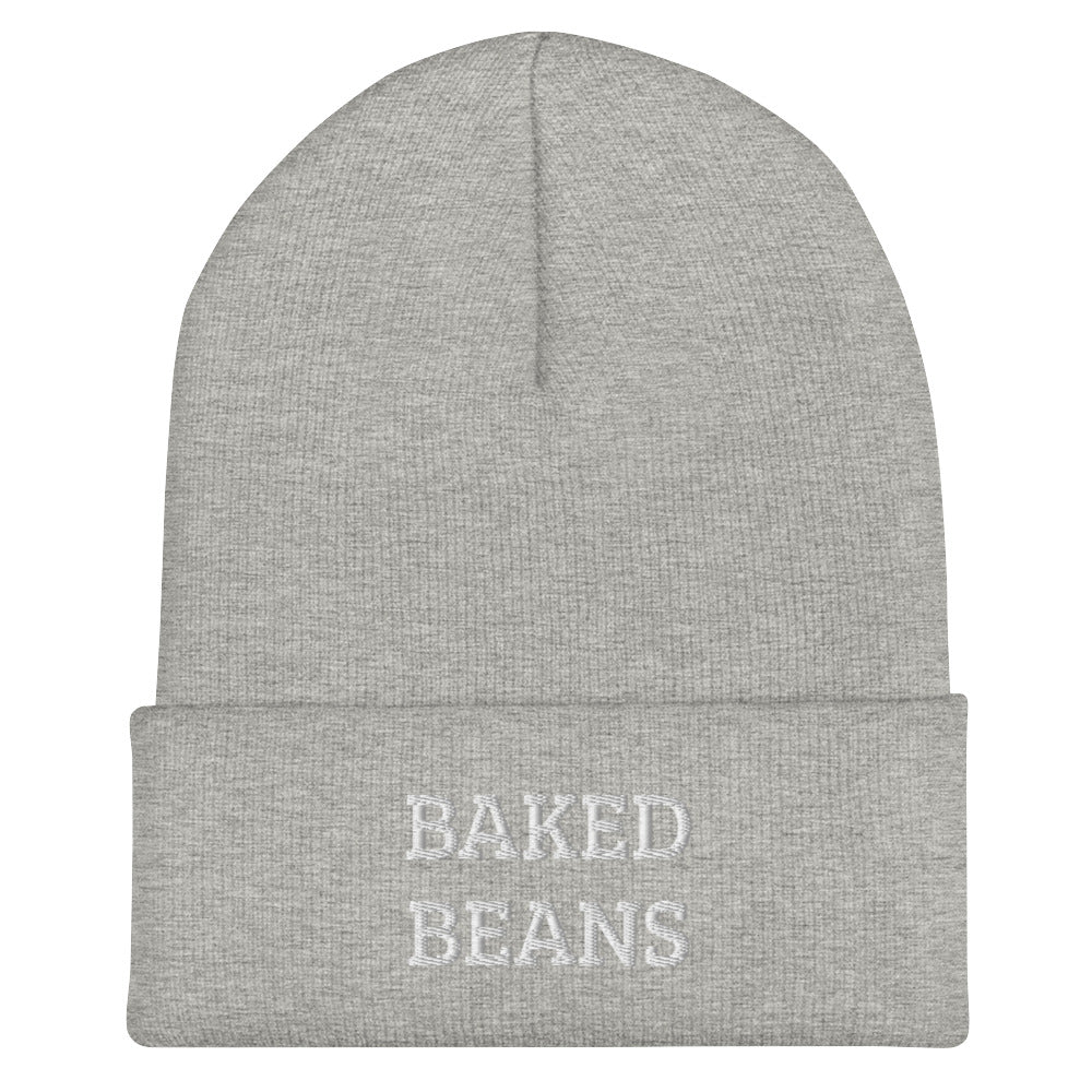 Light Gray baked beans beanie from Nina's Funky Shop by ninanush - Do you love baked beans? Looking for a unique funny gift? Our Baked Beans Beanie is the perfect funky hat for baked bean enthusiasts of all kinds. This funny foodie beanie comes in a variety of colors, each expertly embroidered with the words "Baked beans". A unique accessory for bean lovers, designed by Nina.