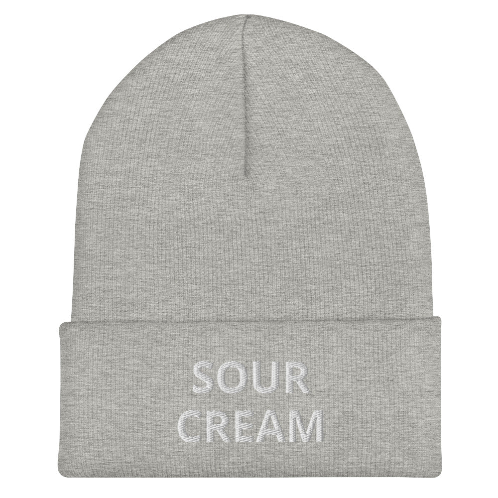 Light Gray Sour Cream Beanie from Nina's Funky Shop by ninanush - Do you love sour cream? Looking for a funny gift for a foodie friend? Our Sour Cream Beanie is warm, cozy and the perfect snug, form fitting beanie for sour cream enthusiasts of all kinds. This funny foodie beanie comes in a variety of colors, each expertly embroidered with the words "Sour Cream". Designed by Nina