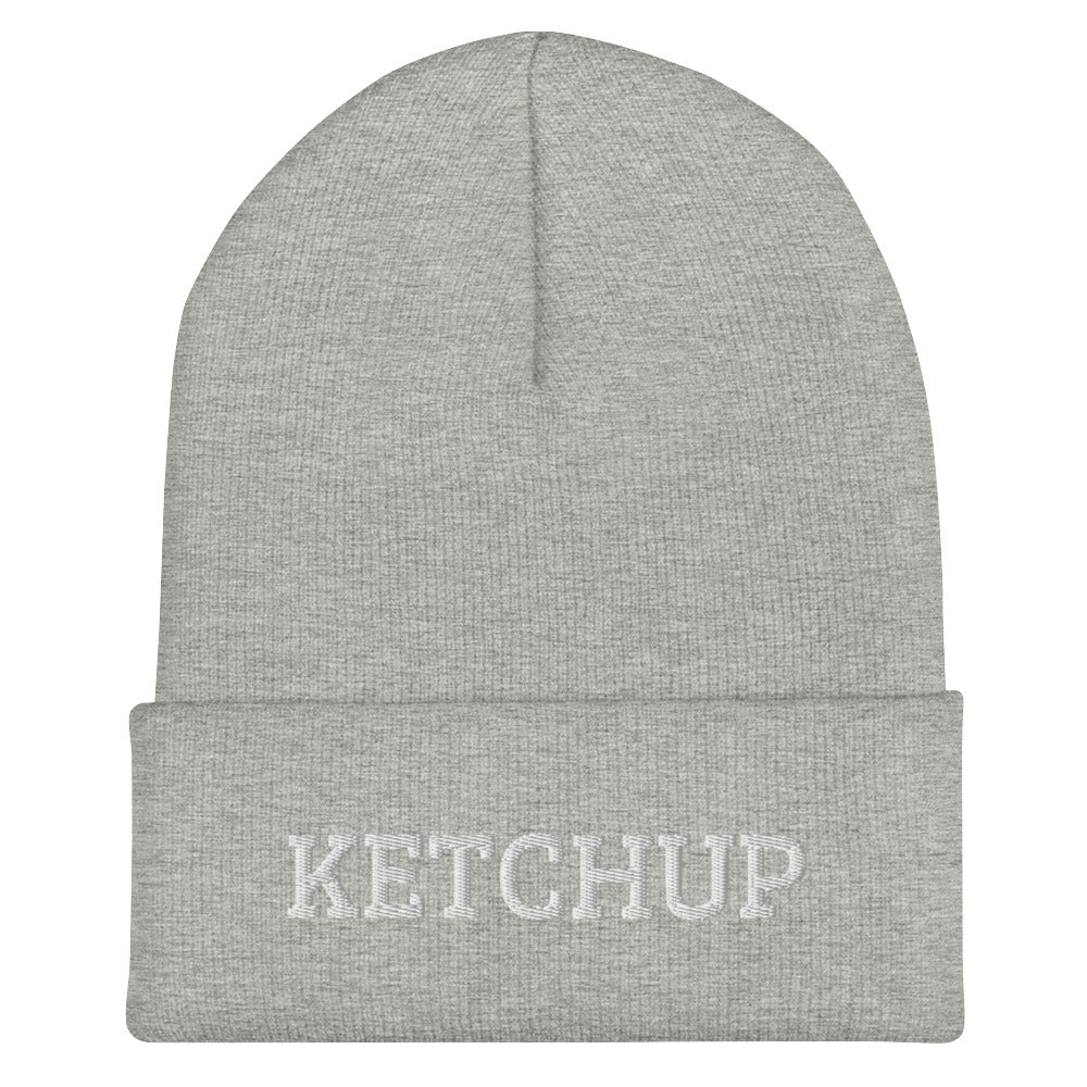 Light Gray Ketchup Beanie from Nina's Funky Shop by ninanush - Do you love ketchup? Looking for a funny gift for a ketchup addict? Our Ketchup Beanie is warm, cozy and the perfect weird hat for ketchup enthusiasts of all kinds. This funny foodie beanie is snug, formfitting, and comes in a variety of bright colors, each expertly embroidered with the words "Ketchup".