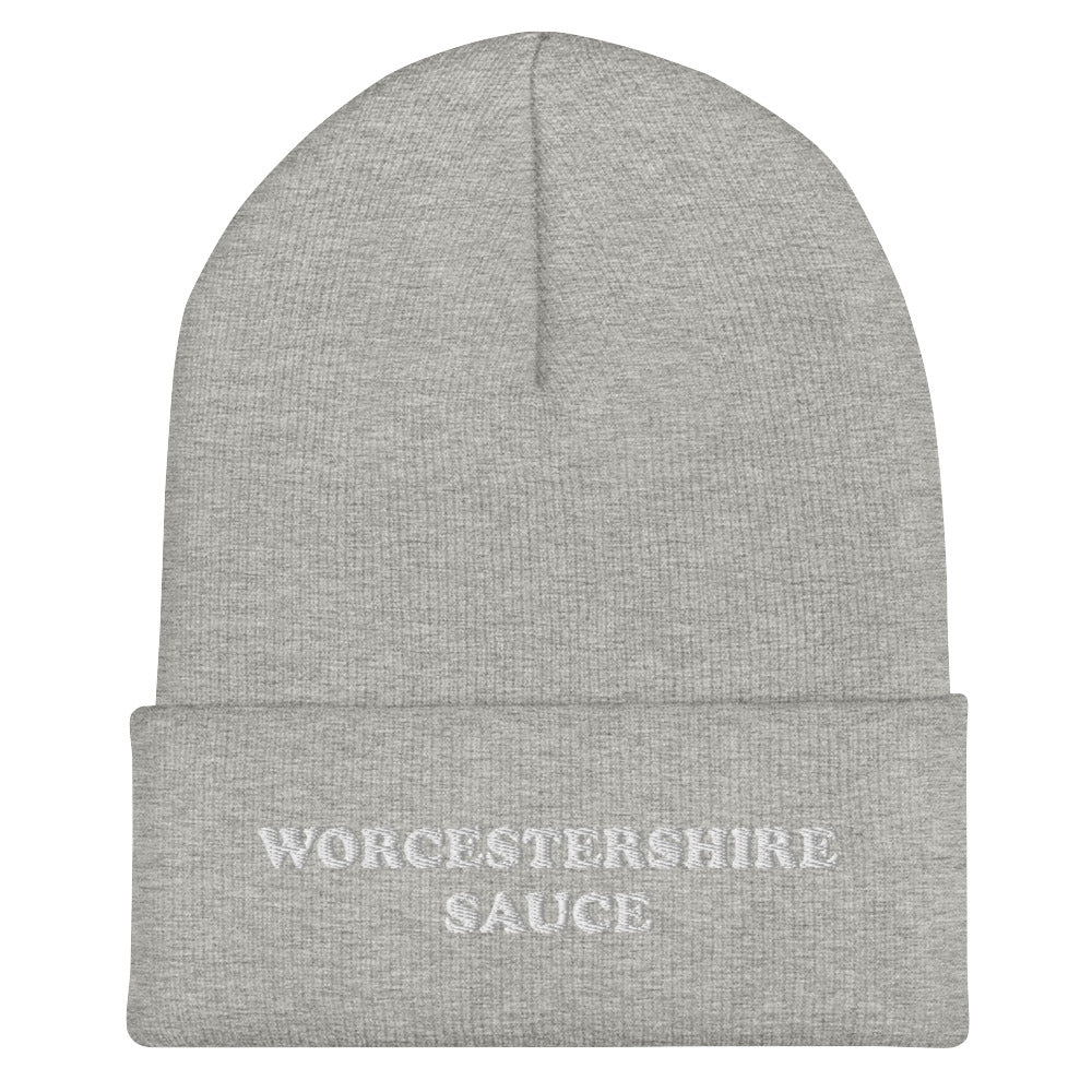 Light Gray Worcestershire Sauce Beanie from Nina's Funky Shop by ninanush - Do you love Worcestershire Sauce? Looking for a funny gift for a foodie? Our Worcestershire Sauce Beanie is perfect for Worcestershire enthusiasts of all kinds. Show off in this weird and funny foodie beanie. It's a statement embroidered hat for Worcestershire Sauce lovers, designed by Nina and made just for you!