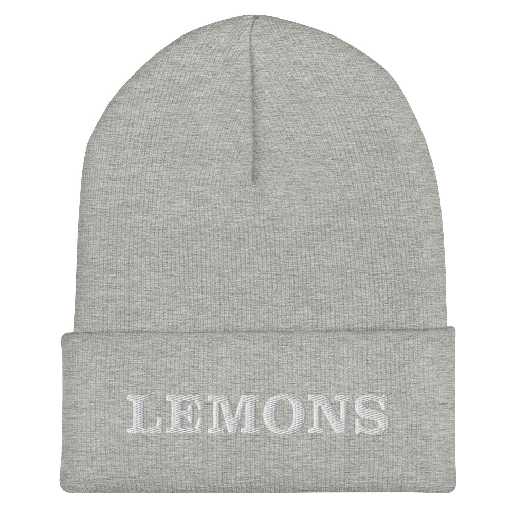 Light Gray Lemons Beanie from Nina's Funky Shop by ninanush -Love Lemons? Looking for a funny foodie gift? Our Lemons Beanie is warm, cozy and the perfect cold weather hat for everyday streetwear. It comes in a variety of colors, expertly embroidered with "Lemons" across the front. Celebrate your favorite foods in our funky foodie apparel, designed by Nina and made just for you!