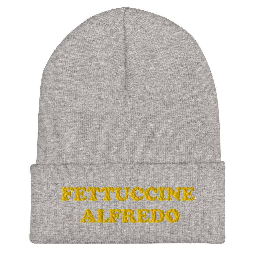 Light Gray Hat with Fettuccine Alfredo Embroidered in Yellow - Do you love Fettuccine Alfredo? Are you looking for a funny gift for a foodie friend? Our Fettuccine Alfredo Beanie is the perfect funky hat for fettuccine enthusiasts. Celebrate patsa in this funny beanie for foodies. It comes in a variety of colors, each hat with Fettuccine Alfredo embroidered in yellow.