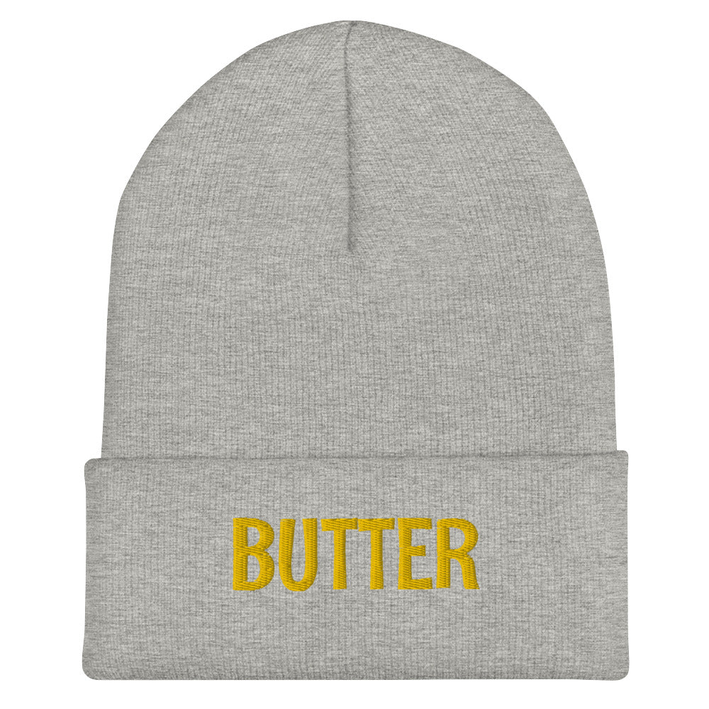 Gray Butter Beanie from Nina's Funky Shop - Do you love butter? Looking for a funny gift? Our Butter Beanie is warm, cozy and the perfect funny winter hat for foodies of all kinds. It comes in a variety of colors with "butter", expertly embroidered across the front. A statement hat for butter lovers, designed by Nina and made just for you!