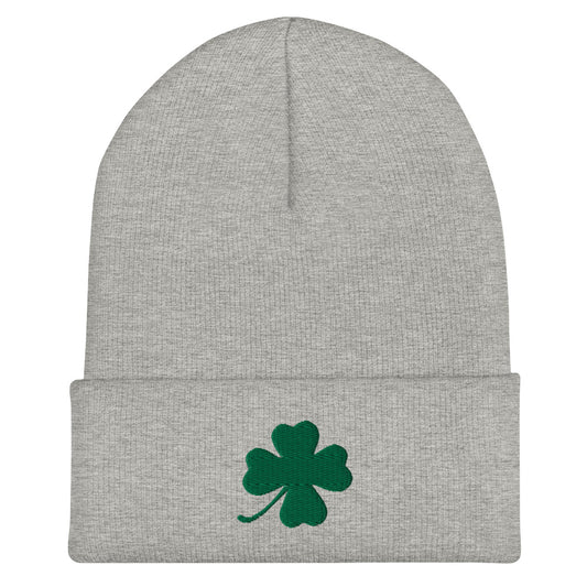 Light Gray four leaf clover hat - Our Four Leaf Clover Beanie is warm, cozy and just what you need. It comes in a variety of colors with a green four leaf clover, expertly embroidered on the front. Designed by Nina and made just for you! Looking for something personalized? A different embroidery color? Shoot us an email!