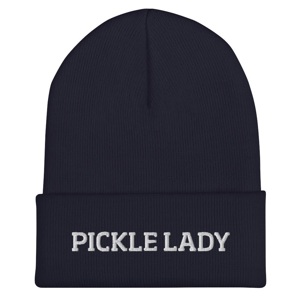 Navy pickle lady beanie from Nina's Funky Shop by ninanush - This pickle lady hat is warm, cozy and the perfect pickle enthusiast hat for pickle lovers of all kinds. Show off in this funny foodie beanie. It comes in a variety of bold colors, each expertly embroidered with the words "Pickle Lady". It's a statement hat for pickle lovers, designed by Nina and made just for you!