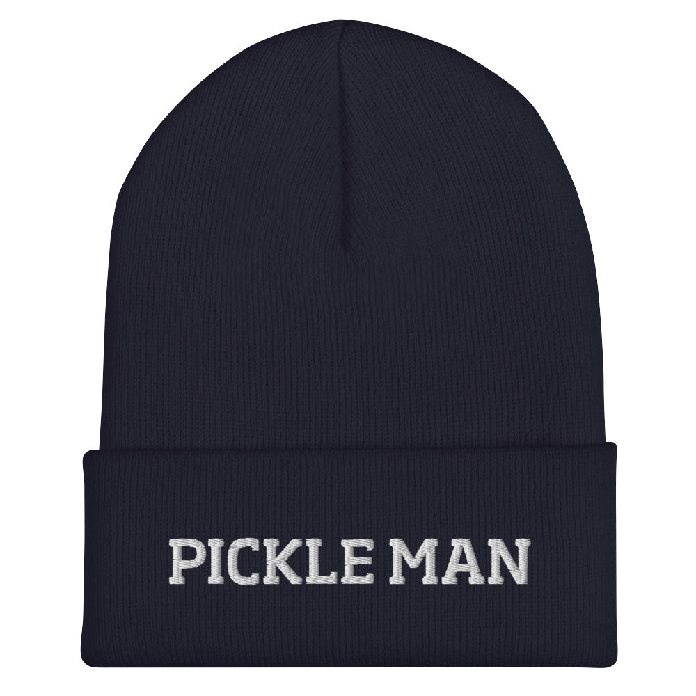 Navy pickle man beanie from Nina's Funky Shop by ninanush - This pickle man hat is warm, cozy and the perfect pickle enthusiast hat for pickle lovers of all kinds. Show off in this funny foodie beanie. It comes in a variety of bold colors, each expertly embroidered with the words "Pickle Man". It's a statement hat for pickle lovers, designed by Nina and made just for you!