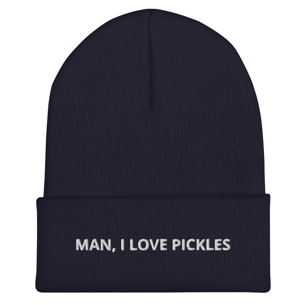 Navy Man, I Love Pickles Hat from Nina's Funky Shop by ninanush - It's a funny pickle beanie for pickle enthusiasts of all kinds. When you're wearing this hat, everyone will know just how you feel about pickles. It comes in a variety of bold colors, each expertly embroidered with the words "Man, I Love Pickles". A statement hat for pickle lovers, designed by Nina and made just for you!