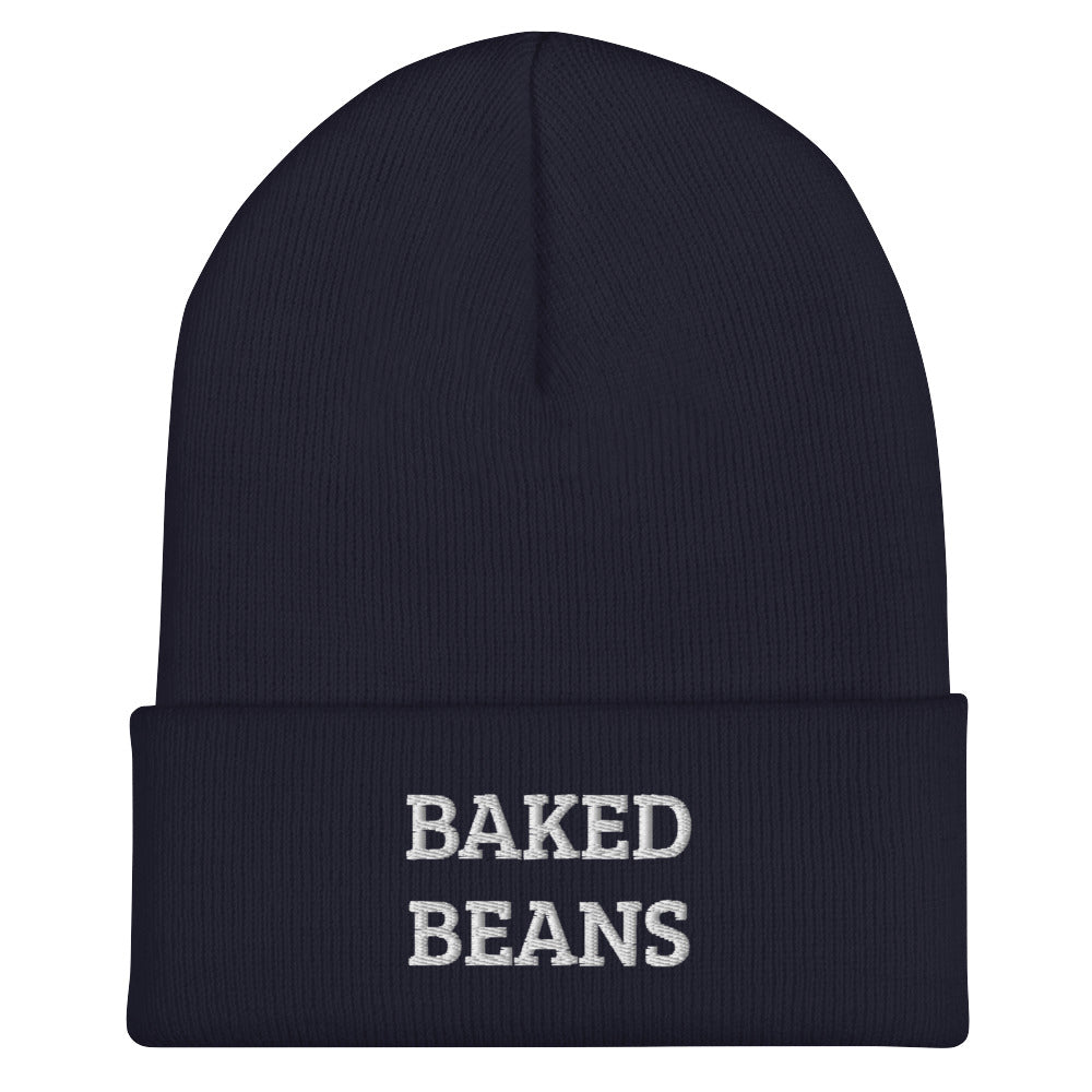 Navy baked beans beanie from Nina's Funky Shop by ninanush - Do you love baked beans? Looking for a unique funny gift? Our Baked Beans Beanie is the perfect funky hat for baked bean enthusiasts of all kinds. This funny foodie beanie comes in a variety of colors, each expertly embroidered with the words "Baked beans". A unique accessory for bean lovers, designed by Nina.