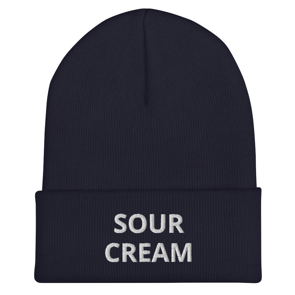 Navy Sour Cream Beanie from Nina's Funky Shop by ninanush - Do you love sour cream? Looking for a funny gift for a foodie friend? Our Sour Cream Beanie is warm, cozy and the perfect snug, form fitting beanie for sour cream enthusiasts of all kinds. This funny foodie beanie comes in a variety of colors, each expertly embroidered with the words "Sour Cream". Designed by Nina