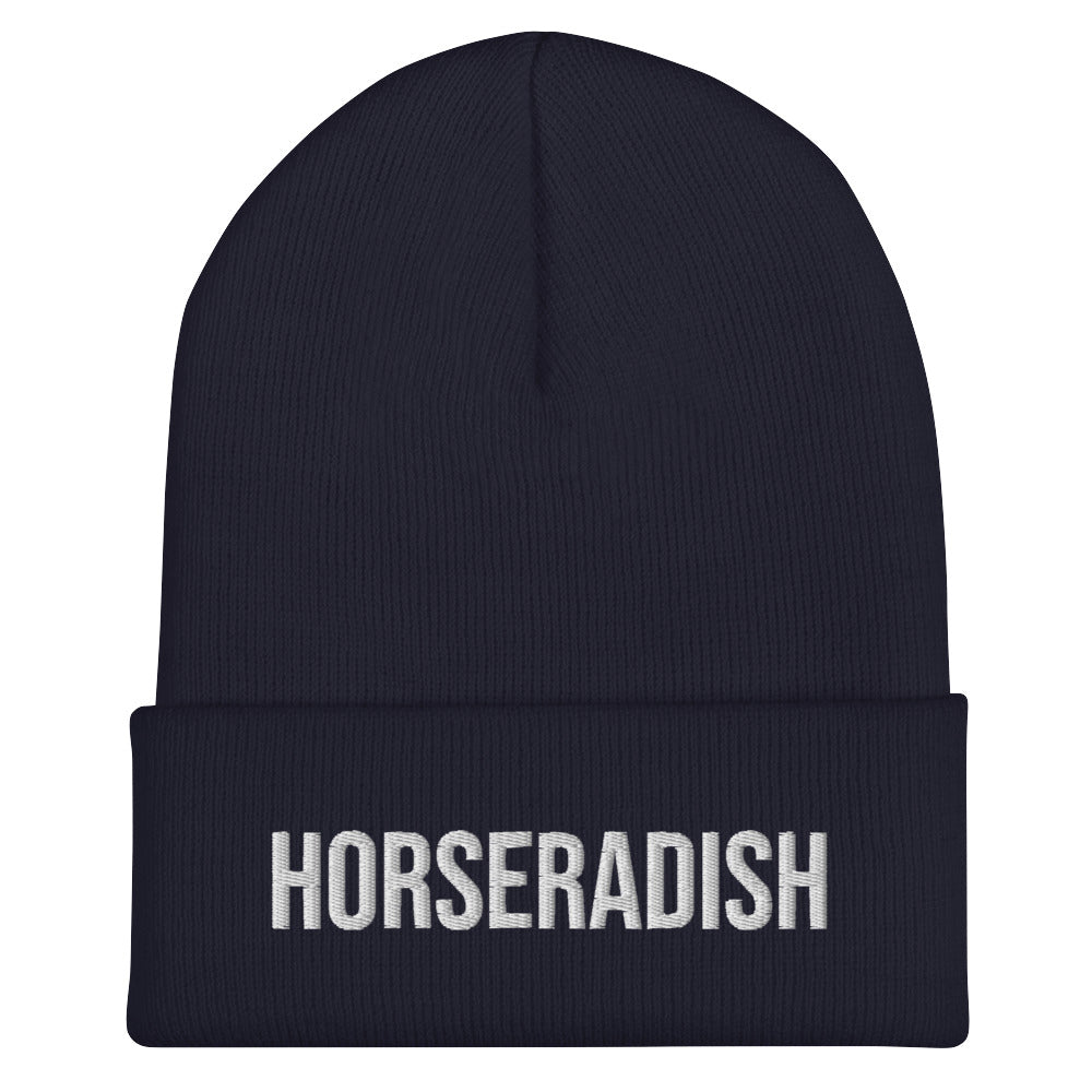 Navy horseradish beanie from Nina's Funky Shop by ninanush - Do you love horseradish? Looking for a funny gift for a horseradish lover? Our Horseradish Beanie is warm, cozy and the perfect weird hat for horseradish enthusiasts of all kinds. This funny foodie beanie is snug, formfitting, and comes in a variety of colors, each expertly embroidered with the words "horseradish".