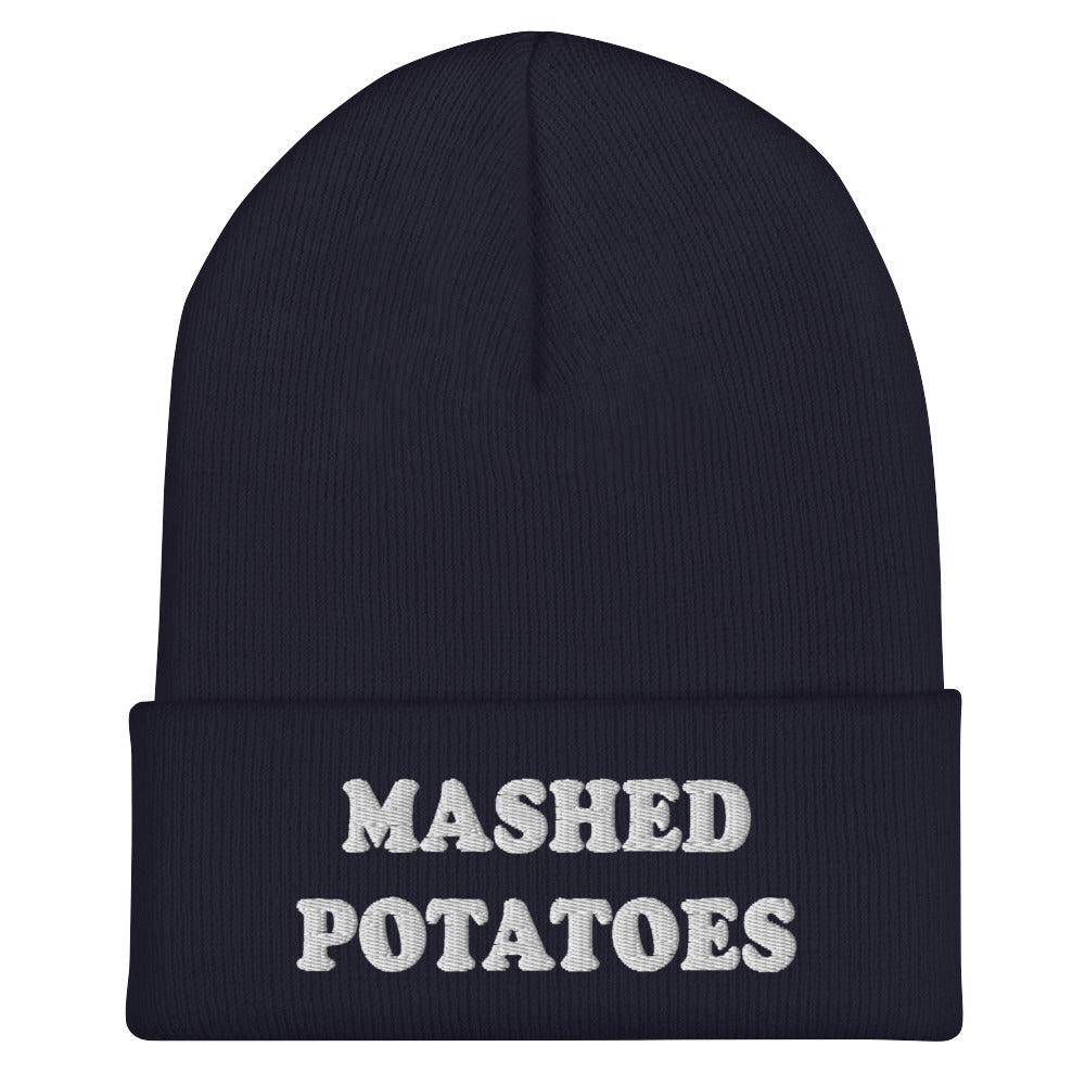 Blue  Mashed Potato Beanie from Nina's Funky Shop by ninanush - Do you love mashed potatoes? Are you looking for a funny gift for a foodie friend? Our Mashed Potatoes Beanie is warm, cozy and the perfect funky hat for potato enthusiasts of all kinds. Show off in this funny foodie beanie. It comes in a variety of colors, each expertly embroidered with the words "Mashed Potatoes".