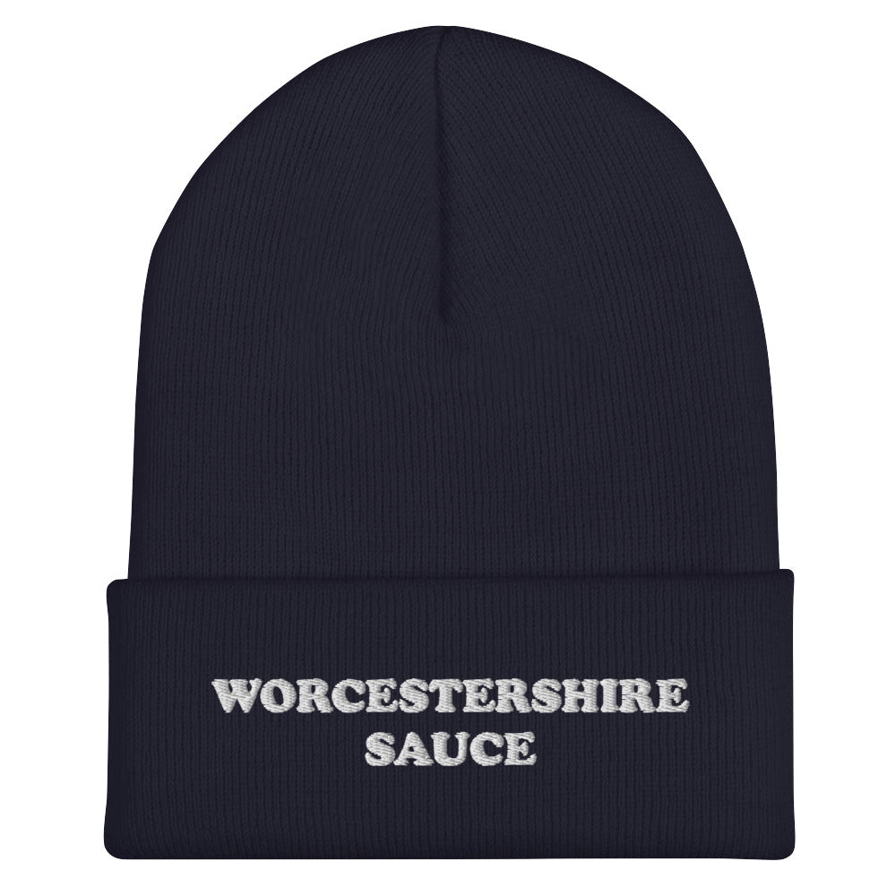 Navy Worcestershire Sauce Beanie from Nina's Funky Shop by ninanush - Do you love Worcestershire Sauce? Looking for a funny gift for a foodie? Our Worcestershire Sauce Beanie is perfect for Worcestershire enthusiasts of all kinds. Show off in this weird and funny foodie beanie. It's a statement embroidered hat for Worcestershire Sauce lovers, designed by Nina and made just for you!