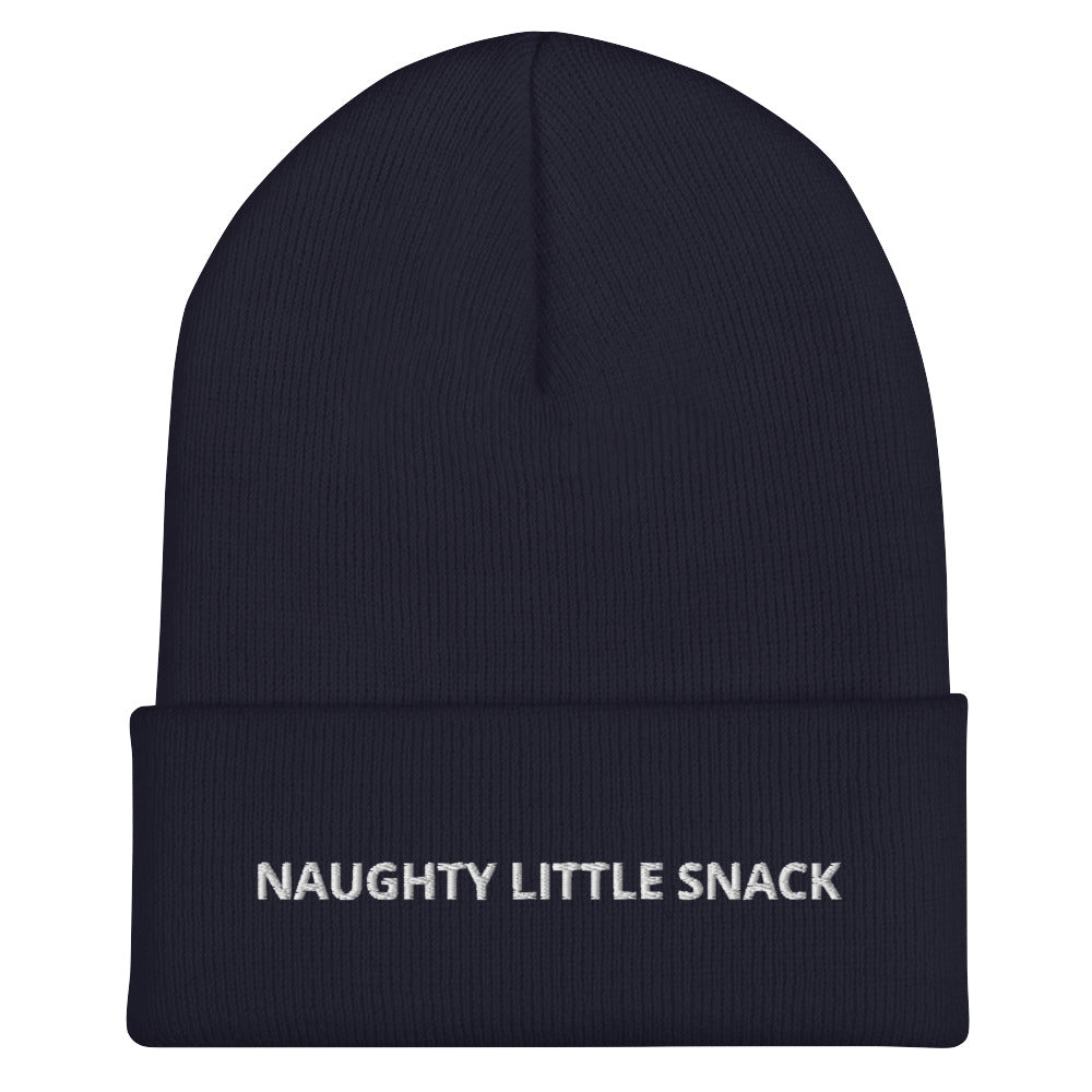 Navy Naughty Little Snack Beanie from Nina's Funky Shop by ninanush - Love naughty little snacks? Looking for a funny gift? Our Naughty Little Snack Beanie is warm, cozy and just what you need. It comes in a variety of colors, each expertly embroidered with the words "Naughty Little Snack". A funny foodie hat, designed by Nina and made just for you! Celebrate your favorite foods in our funky foodie apparel.