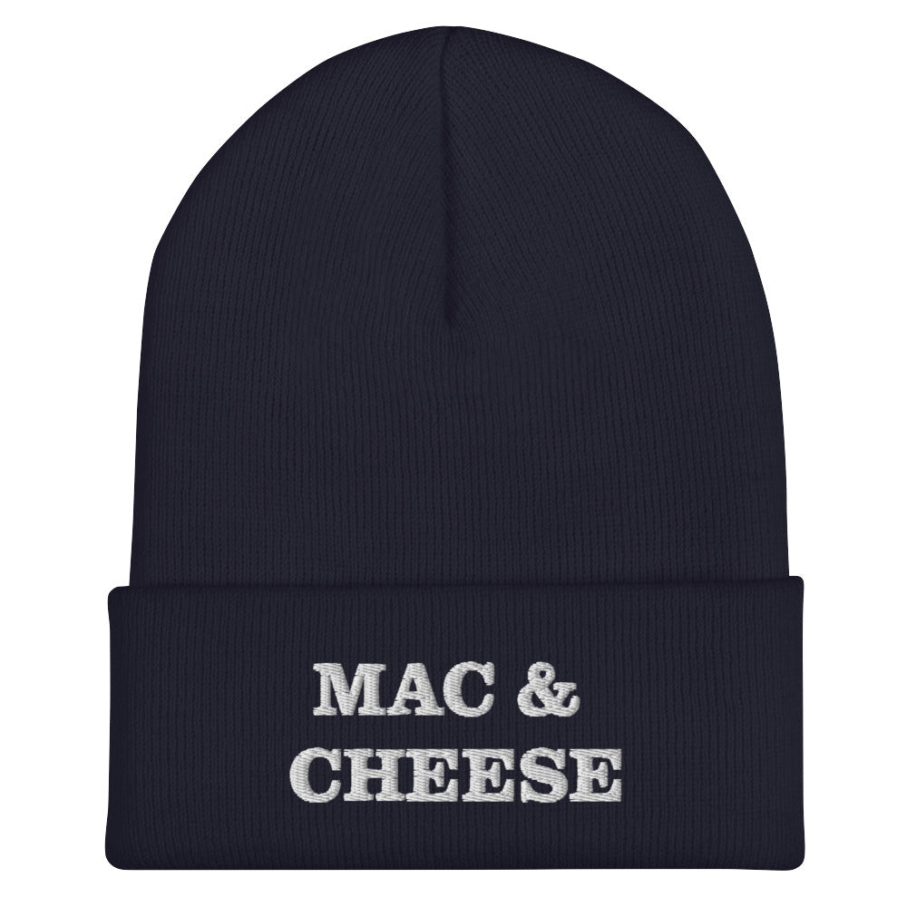 Navy mac and cheese beanie from Nina's Funky Shop by ninanush - Do you love mac and cheese? Looking for a funny foodie gift? Our Mac & Cheese Beanie is warm, cozy and the perfect cold weather hat for pasta enthusiasts. It comes in a variety of colors, each expertly embroidered with "Mac & Cheese" across the front. A statement hat for mac and cheese lovers and foodies of all kinds.