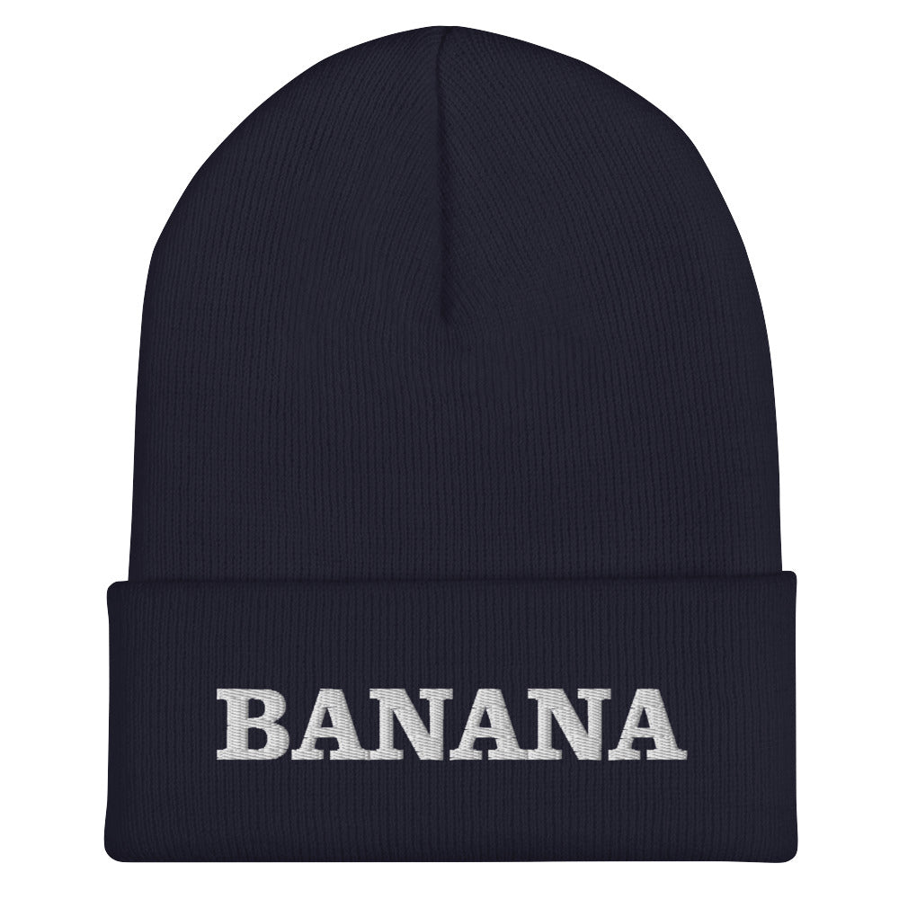 Navy Banana Beanie from Nina's Funky Shop by ninanush - Our Banana Beanie is warm, cozy and made just for you! It comes in a variety of colors, each expertly embroidered with "Banana" across the front. A statement hat for banana enthusiasts and foodies of all kinds. Celebrate your favorite foods in our funky foodie apparel.