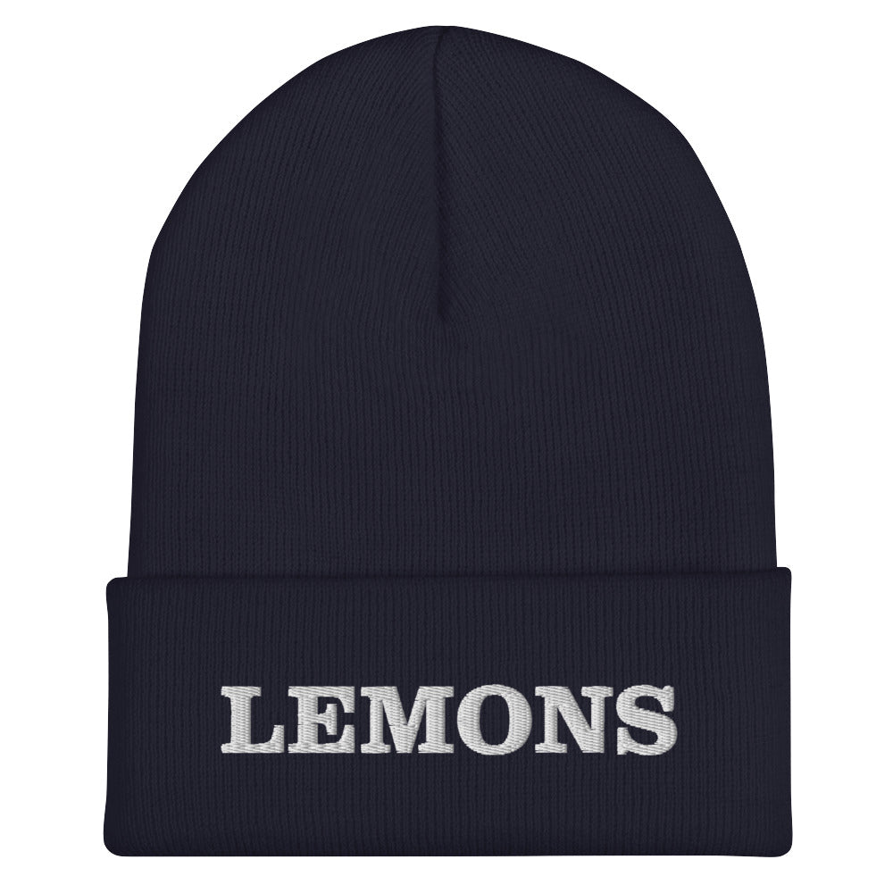 Navy Lemons Beanie from Nina's Funky Shop by ninanush -Love Lemons? Looking for a funny foodie gift? Our Lemons Beanie is warm, cozy and the perfect cold weather hat for everyday streetwear. It comes in a variety of colors, expertly embroidered with "Lemons" across the front. Celebrate your favorite foods in our funky foodie apparel, designed by Nina and made just for you!