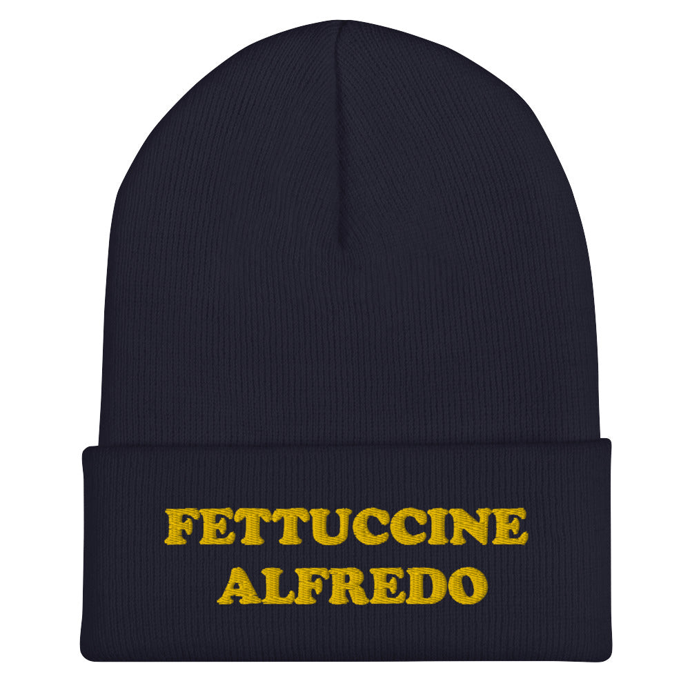 Navy Hat with Fettuccine Alfredo Embroidered in Yellow - Do you love Fettuccine Alfredo? Are you looking for a funny gift for a foodie friend? Our Fettuccine Alfredo Beanie is the perfect funky hat for fettuccine enthusiasts. Celebrate patsa in this funny beanie for foodies. It comes in a variety of colors, each hat with Fettuccine Alfredo embroidered in yellow.