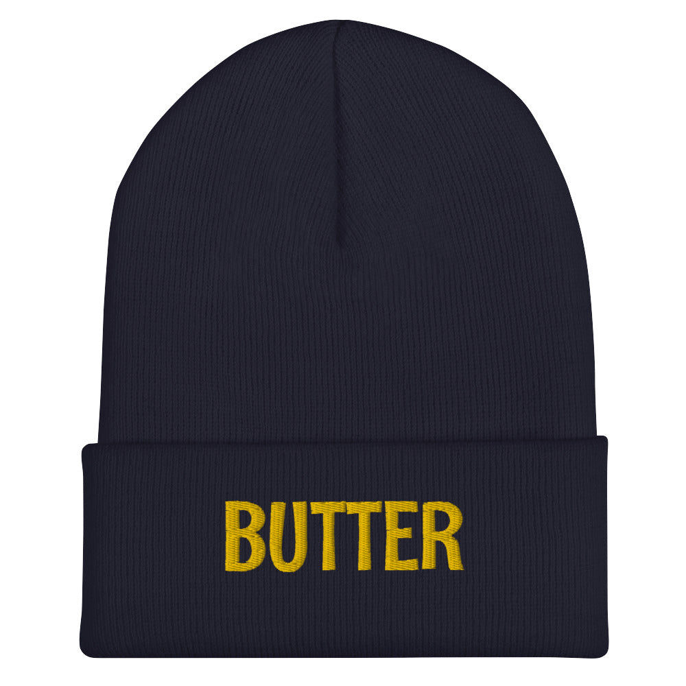 Navy Butter Beanie from Nina's Funky Shop - Do you love butter? Looking for a funny gift? Our Butter Beanie is warm, cozy and the perfect funny winter hat for foodies of all kinds. It comes in a variety of colors with "butter", expertly embroidered across the front. A statement hat for butter lovers, designed by Nina and made just for you!