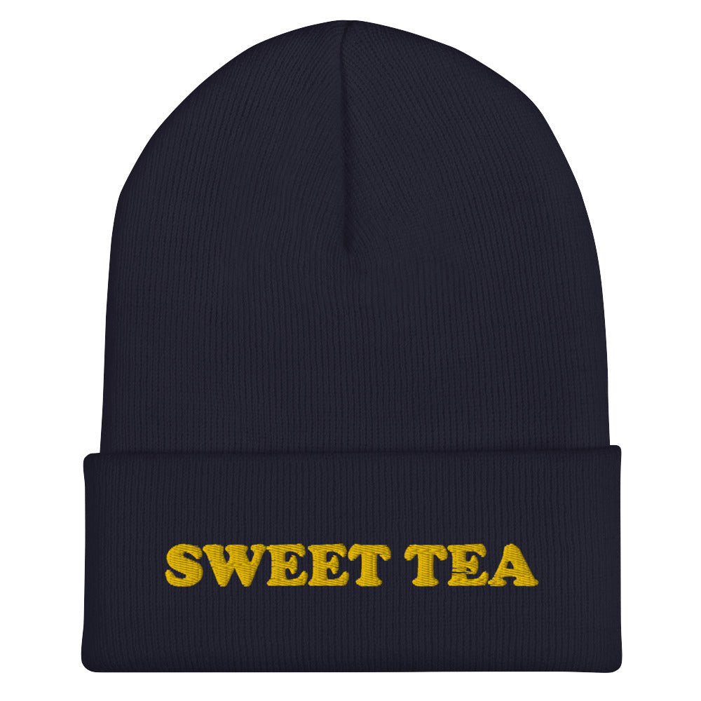 Navy Beanie with Sweet Tea Embroidered on the front - Love sweet tea? Looking for a funny gift for sweet tea enthusiast? Our sweet tea hat is warm, cozy and the perfect embroidered beanie for everyday style. It comes in a variety of colors with "sweet tea", expertly embroidered across the front. Celebrate your favorite foods in our funky foodie apparel. Designed by Nina and made just for you!