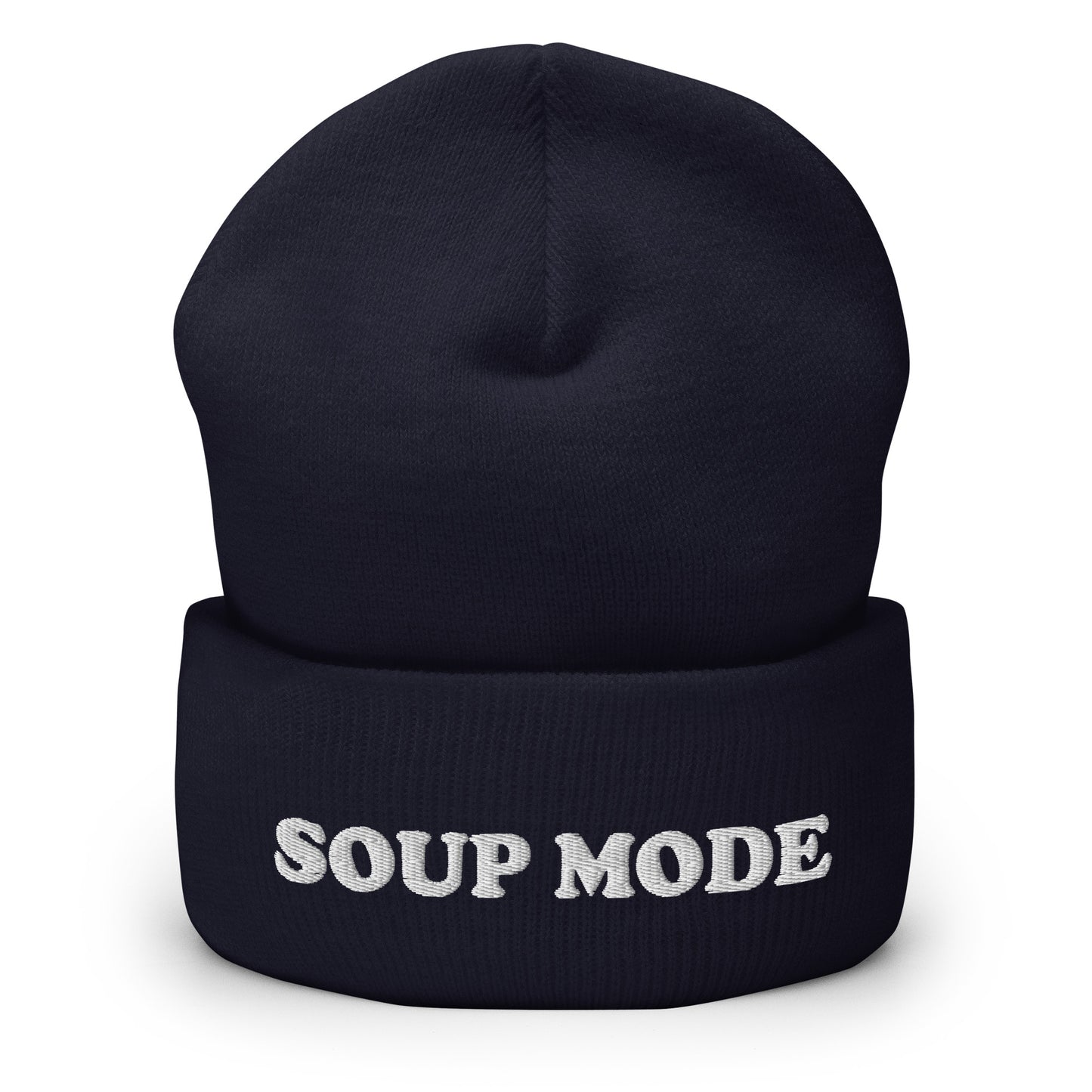 Navy Soup Mode Hat - It's always soup season in our Soup Mode Beanie! It's warm, cozy and embroidered just for you. A funny winter hat for soup lovers and foodies of all kinds. Eat your favorite soup in style or give it as a gift for a soup enthusiast! Looking for something personalized? A different embroidery color? Shoot us an email! 