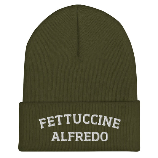 Olive Green Fettuccine Alfredo Beanie from Nina's Funky Shop by ninanush - Do you love Fettuccine Alfredo? Are you looking for a funny gift for a foodie friend? Our Fettuccine Alfredo Beanie is warm, cozy and the perfect funky hat for pasta enthusiasts of all kinds. Show off in this funny foodie beanie. It comes in a variety of colors, each expertly embroidered with the words "Fettuccine Alfredo". A statement hat for fettuccine lovers, designed by Nina and made just for you!