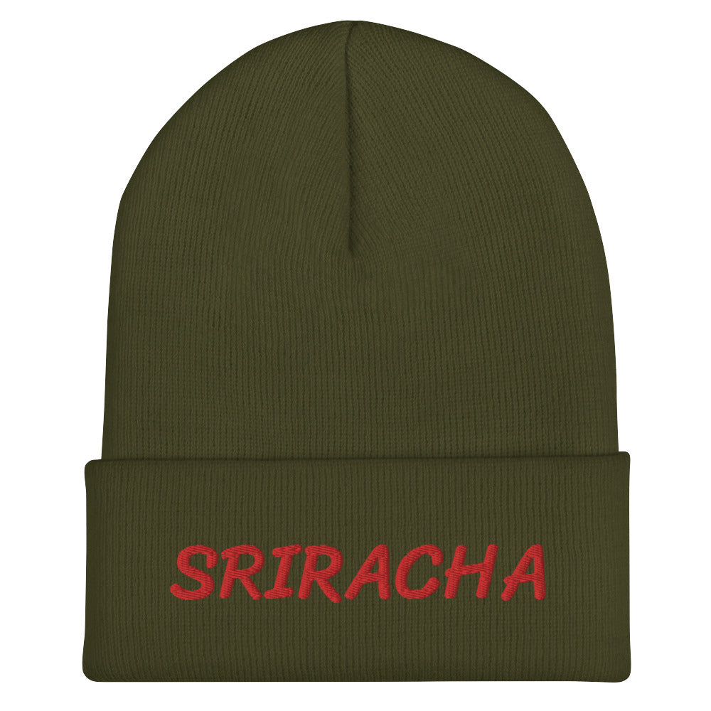 Army green sriracha beanie from Nina's Funky Shop by ninanush - Our Sriracha Beanie is warm, cozy and the perfect hat for hot sauce enthusiasts of all kinds. Show off in this funny foodie beanie. It comes in a variety of bold colors, each expertly embroidered with the word "Sriracha". It's a stylish statement hat for sriracha lovers, designed by Nina and made just for you!