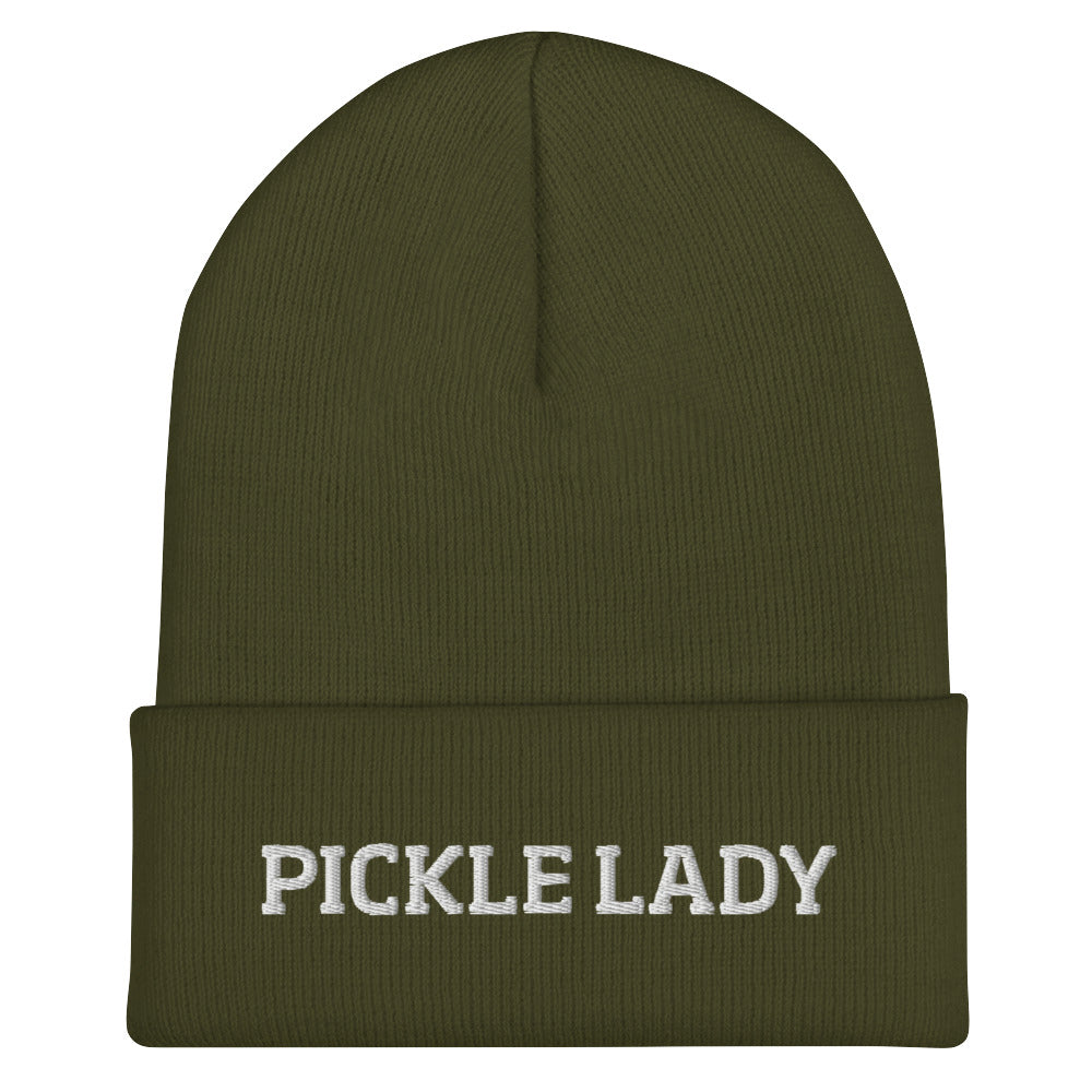 Army green pickle lady beanie from Nina's Funky Shop by ninanush - This pickle lady hat is warm, cozy and the perfect pickle enthusiast hat for pickle lovers of all kinds. Show off in this funny foodie beanie. It comes in a variety of bold colors, each expertly embroidered with the words "Pickle Lady". It's a statement hat for pickle lovers, designed by Nina and made just for you!