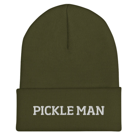 Army green pickle man beanie from Nina's Funky Shop by ninanush - This pickle man hat is warm, cozy and the perfect pickle enthusiast hat for pickle lovers of all kinds. Show off in this funny foodie beanie. It comes in a variety of bold colors, each expertly embroidered with the words "Pickle Man". It's a statement hat for pickle lovers, designed by Nina and made just for you! 