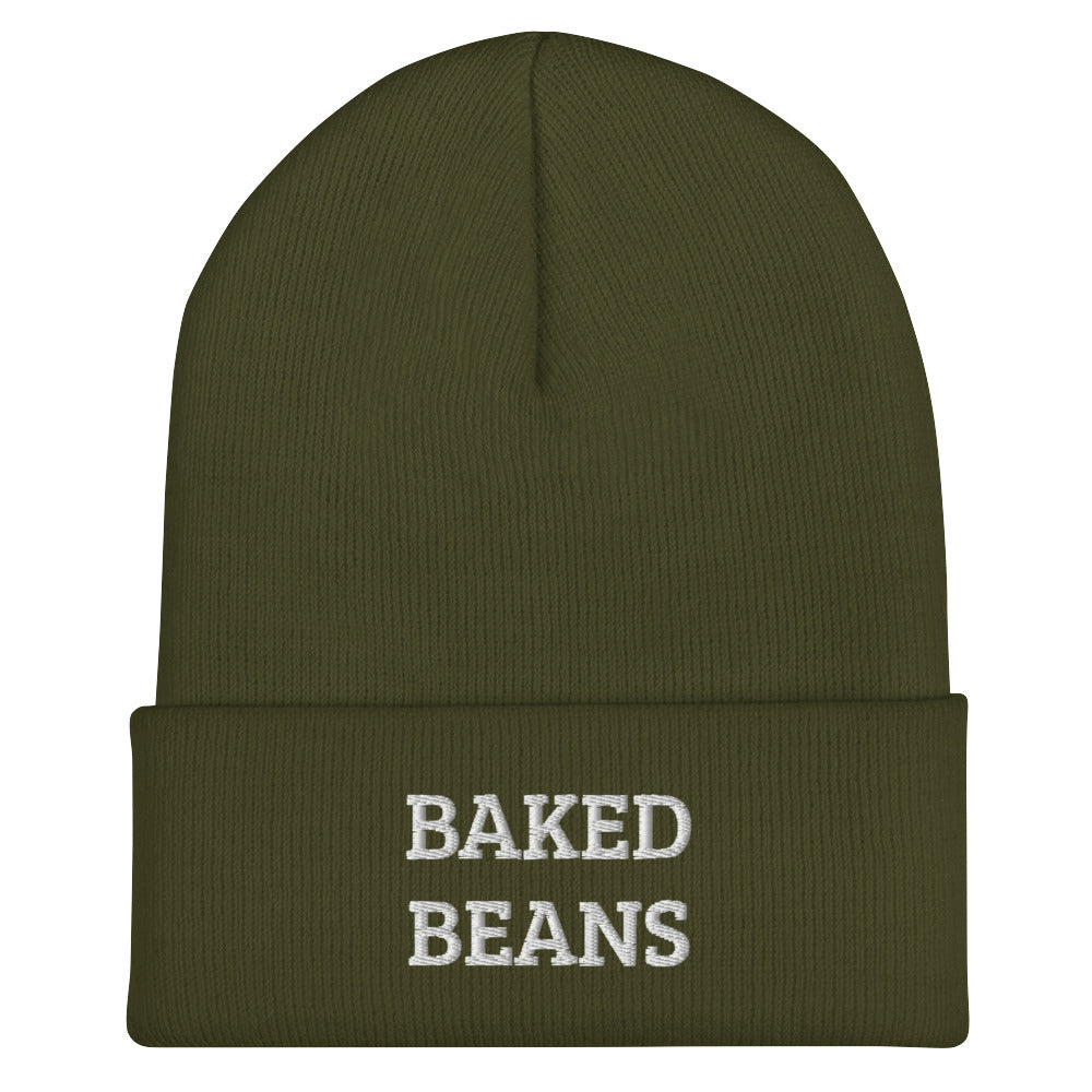 Olive green baked beans beanie from Nina's Funky Shop by ninanush - Do you love baked beans? Looking for a unique funny gift? Our Baked Beans Beanie is the perfect funky hat for baked bean enthusiasts of all kinds. This funny foodie beanie comes in a variety of colors, each expertly embroidered with the words "Baked beans". A unique accessory for bean lovers, designed by Nina.