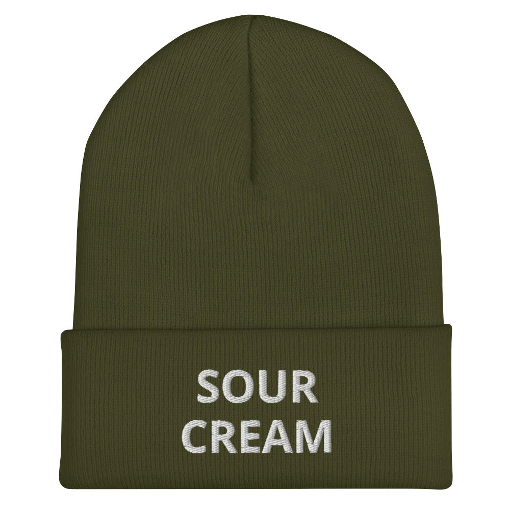 Olive green Sour Cream Beanie from Nina's Funky Shop by ninanush - Do you love sour cream? Looking for a funny gift for a foodie friend? Our Sour Cream Beanie is warm, cozy and the perfect snug, form fitting beanie for sour cream enthusiasts of all kinds. This funny foodie beanie comes in a variety of colors, each expertly embroidered with the words "Sour Cream". Designed by Nina