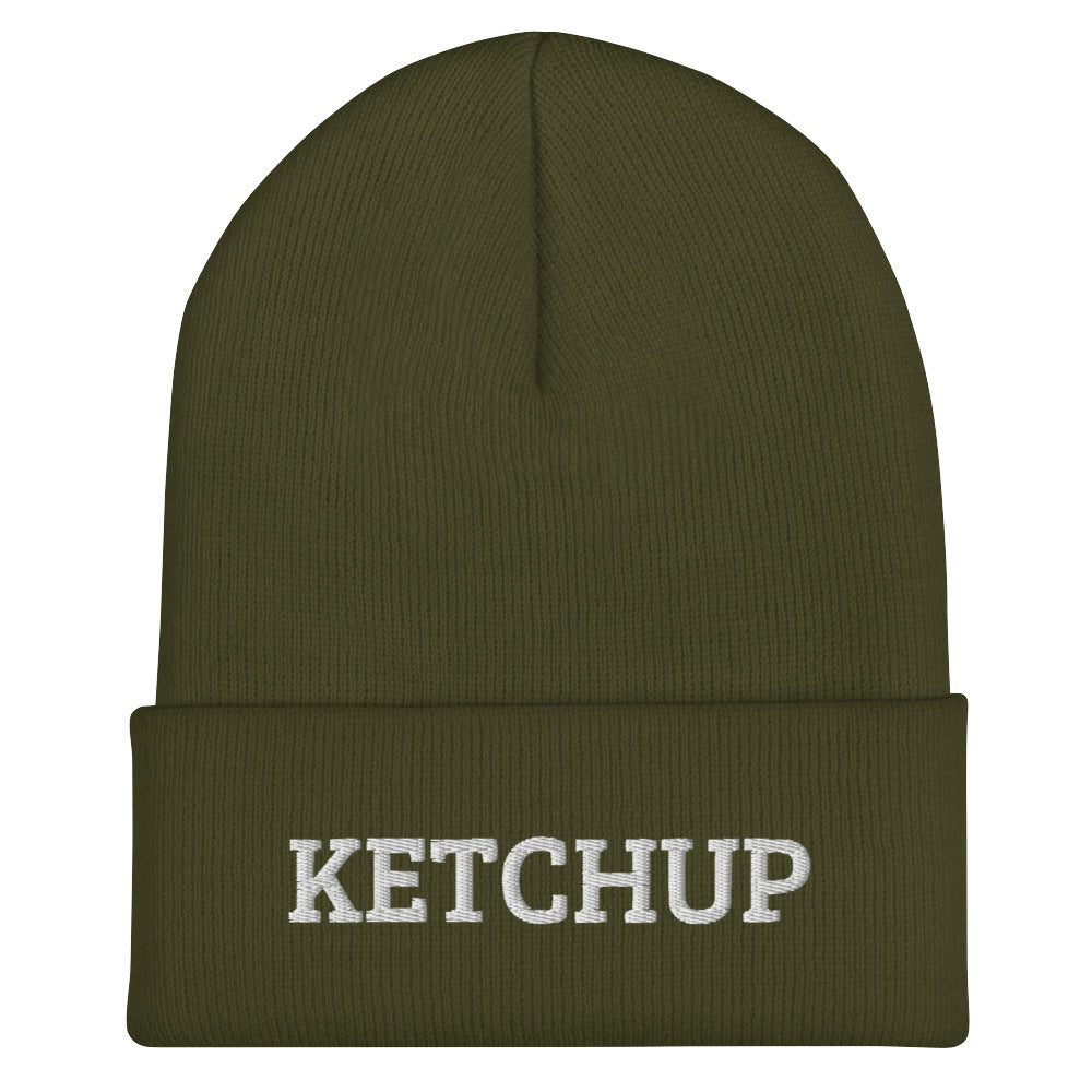 Olive Green Ketchup Beanie from Nina's Funky Shop by ninanush - Do you love ketchup? Looking for a funny gift for a ketchup addict? Our Ketchup Beanie is warm, cozy and the perfect weird hat for ketchup enthusiasts of all kinds. This funny foodie beanie is snug, formfitting, and comes in a variety of bright colors, each expertly embroidered with the words "Ketchup".