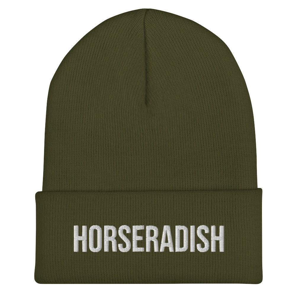 Olive Green horseradish beanie from Nina's Funky Shop by ninanush - Do you love horseradish? Looking for a funny gift for a horseradish lover? Our Horseradish Beanie is warm, cozy and the perfect weird hat for horseradish enthusiasts of all kinds. This funny foodie beanie is snug, formfitting, and comes in a variety of colors, each expertly embroidered with the words "horseradish".